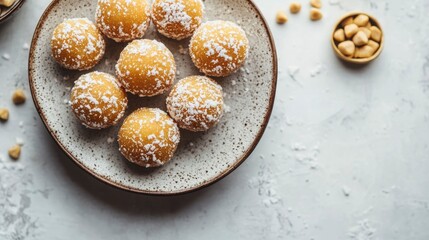Overhead view of eight round, coconut-covered, yellow confectionery treats on a speckled plate.