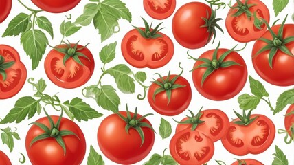 A seamless pattern of fresh tomatoes with green leaves on a white background in a cartoon style