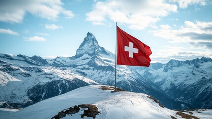 Stunning Swiss Flag Overlooking Majestic Matterhorn Peak in a Breathtaking Mountain Landscape Scene
