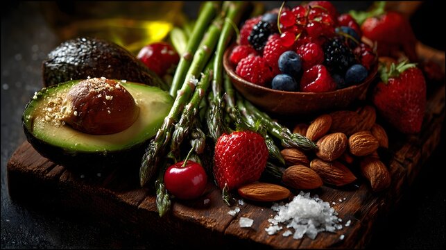 Assorted Healthy Ingredients on Wooden Board Including Avocado, Berries, Asparagus and Nuts perfect for nutrition blogs, plant-based recipe books, wellness campaigns and healthy lifestyle promotions