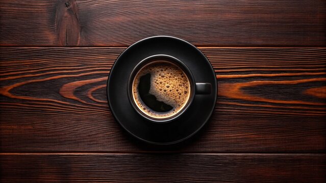 Aromatic black coffee in a black cup on a dark wooden table, showcasing the simplicity and intensity of the beverage