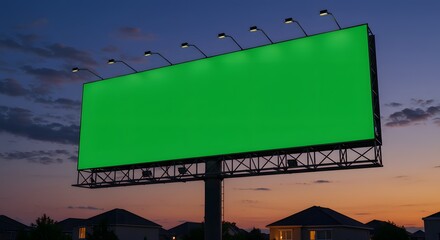 Blank digital billboard with green screen in evening suburban scene, ideal for ad placement, promotional content insertion, and branding mockups.	
