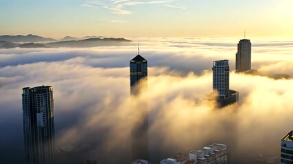 Aerial view of skyscrapers emerging from thick fog during sunrise, showcasing a serene cityscape - Powered by Adobe