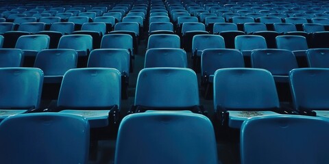 Fototapeta premium A photograph of blue plastic seats in the stands at an outdoor stadium, empty without people.
