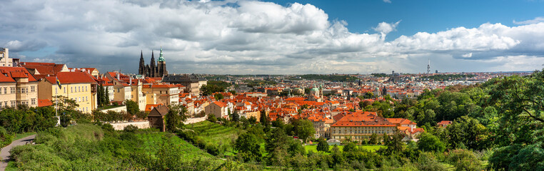 Obraz premium Prague city skyline panorama from Petrin Garden orchards Czechia