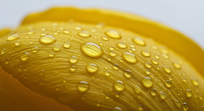 Gelbe Tulpe leuchtet sanft Tauperlen glitzern makro Aufnahme. AI Generated