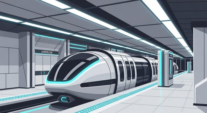 Futuristic High-speed Train in Modern Subway Station with Cool Blue Lights