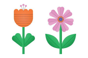 Naklejka premium Flowers in minimalist geometric style. Flowers with leaves and stems. Vector illustration on white background.