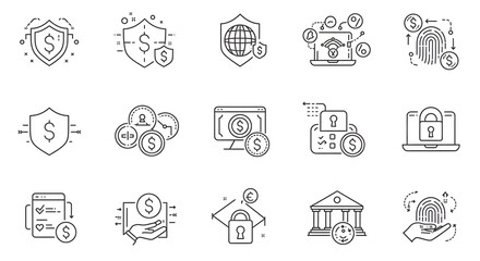 Fintech and digital security line icon set. Vector symbols for secure online payments, banking, and cryptocurrency.