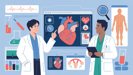 A vector illustration featuring medical research and development, cardiology study, and healthcare. It showcases doctors, human anatomy, and lab equipment, ideal for medical content. 195