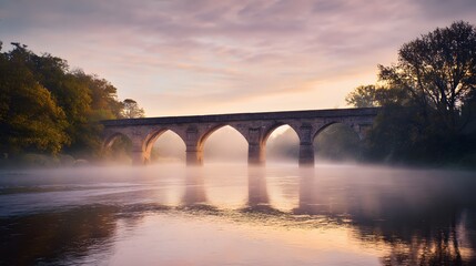Fototapeta premium Ancient stone arch bridge at sunrise