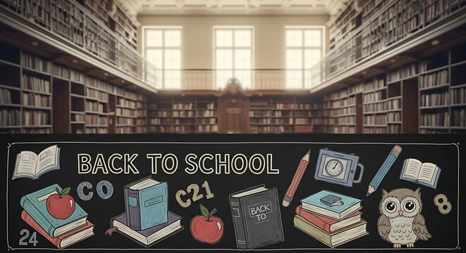 Back to school themed graphic overlayed on a library interior with shelves full of books