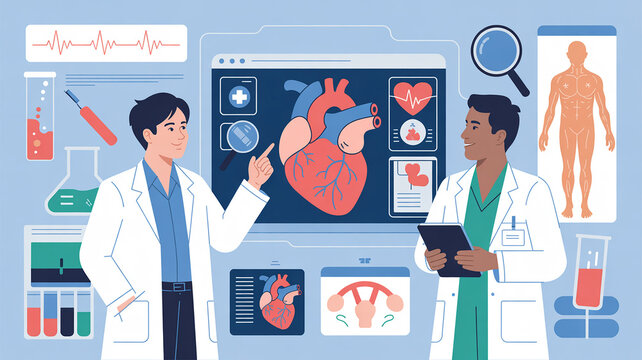A vector illustration featuring medical research and development, cardiology study, and healthcare. It showcases doctors, human anatomy, and lab equipment, ideal for medical content. 195