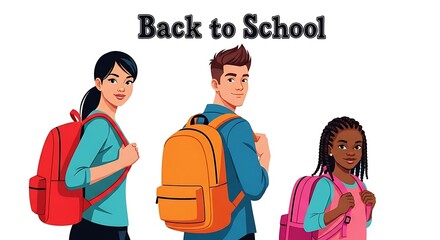 Three students with backpacks ready to go back to school in a cartoon style illustration