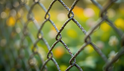Fototapeta premium Chain Link Fence: Blurred Spring Flowers