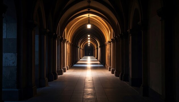 Empty arched hallway with light with historic architecture, perspective, and building interior.