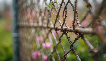 Close-Up of Twisted Branches Weaving Through Chain Link Fence