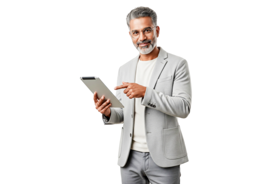 businessman with tablet computer isolated on white