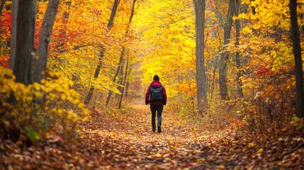 Fototapeta premium Person takes a walk on a trail through colorful autumn forest