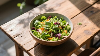 Fresh salad in a wooden bowl placed on a rustic wooden table