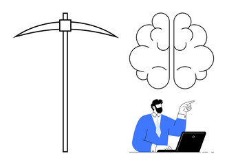 Pickaxe, stylized brain, and man pointing at laptop suggest intellectual mining, creativity, problem-solving, and innovative thinking. Ideal for strategy, tech, business education innovation