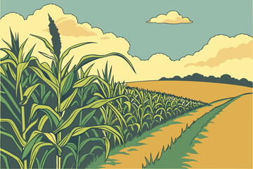 A field of tall corn stretching into the horizon in central Illinois under a vast blue sky with fluffy clouds. © Jaana