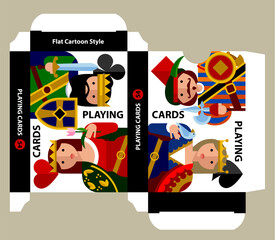 Playing card box template with card multicolored character portraits in funny flat cartoon style on white background. Vector illustration