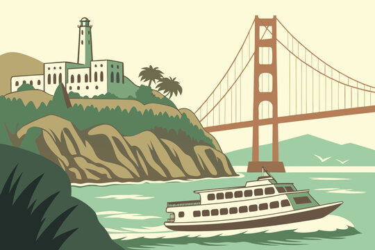 A ferry glides across San Francisco Bay, California, past Alcatraz Island and beneath the towering Golden Gate Bridge.