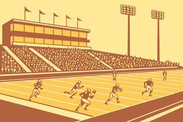 A high school football game in Andalusia with packed stands and players under stadium lights. © Jaana