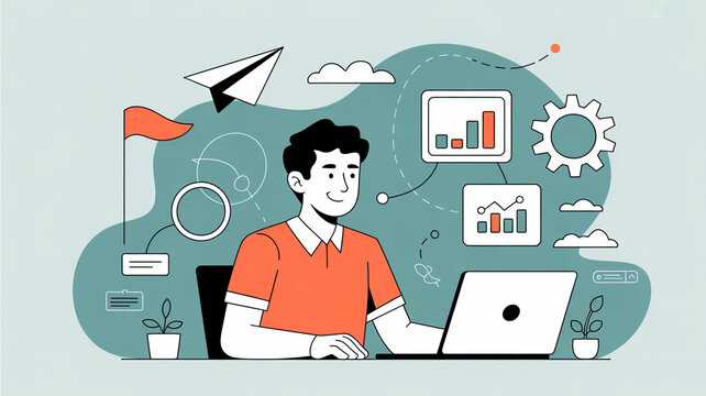 this is an illustration of a man working on a laptop. it represents business growth and success in the digital marketing era. the illustration includes charts, graphs, and other business elements.