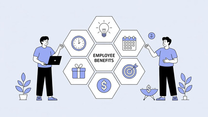 Naklejka premium explore the world of employee benefits! discover compensation strategies, perks, and total rewards. learn about time management, financial wellness, and career development. enhance your workplace cult