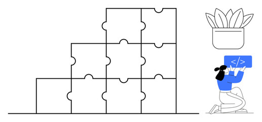 Woman placing coding puzzle piece, forming a structured framework. Ideal for teamwork, problem-solving, coding, project planning, creativity, growth mindset, simple landing page