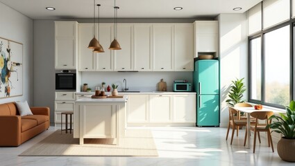 A bright, modern kitchen with a cozy living area.