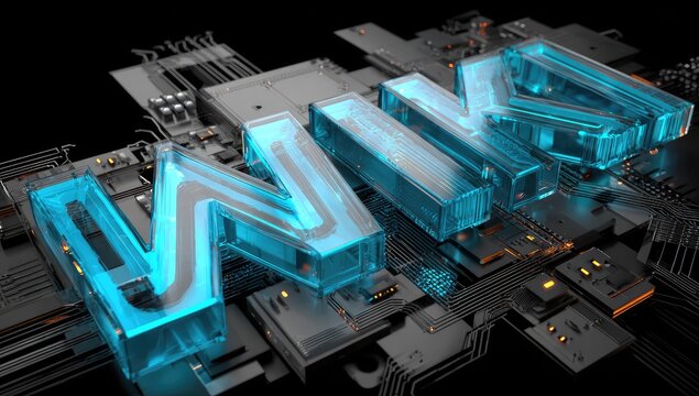 3D render of glowing letters "MWK" on a circuit board
