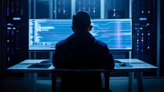 Man Analyzing Network Traffic Data on a Computer in a Server Room