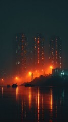 Night cityscape reflected in still water, hazy orange glow