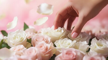 Tender touch a hand gently arranging soft roses symbolizing love and delicate beauty in warm soft