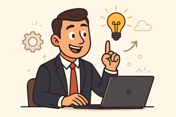 Businessman getting creative idea with computer. Innovation inspiration lightbulb moment. Digital productivity problem solving business solution concept vector