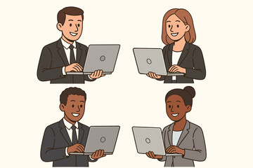 Diverse business people team holding laptops vector illustration. Professional businessmen businesswomen office workers corporate employees smiling standing