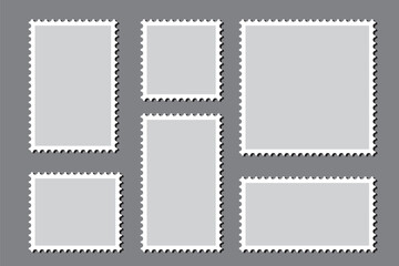 Postage stamp vector icons. .Mockup postage stamps. Blank postage stamp borders templates. Vintage postage stamp frame with square edges and postal design. 