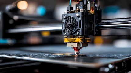 Fototapeta premium Printing process with heated nozzle laying down filament in smooth paths on a flat build surface.
