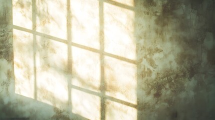 Golden Sunlight Filtering Through Sheer Curtains onto Weathered Wall Surface perfect for mood board designs, lifestyle blog backgrounds, interior lighting concepts and architectural visualization