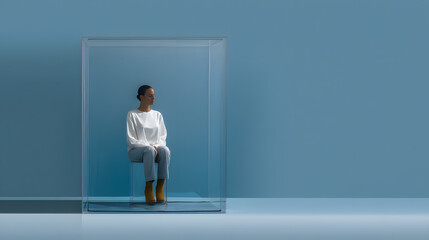 Fototapeta premium Man sitting inside transparent cube in empty landscape. Conceptual image of isolation, mental block or emotional confinement.