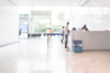 Business office lobby blur background of bank reception hall customer or patient counter service...