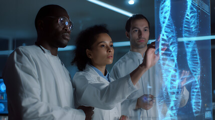 Team of scientists working with digital DNA interface. Futuristic concept of genetic research, biotech innovation and modern medicine.