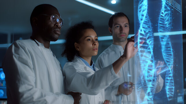 Team of scientists working with digital DNA interface. Futuristic concept of genetic research, biotech innovation and modern medicine.