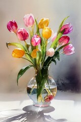 Obraz premium Delicate Watercolor Tulips in a Glass Vase A Loose Artistic Floral Arrangement A Stunning Visual Feast