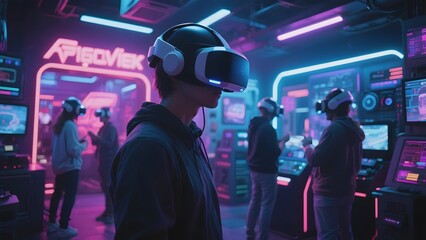 People engaging in virtual reality gaming in a neon-lit arcade environment