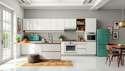 Fototapeta premium Modern kitchen interior design with teal refrigerator.