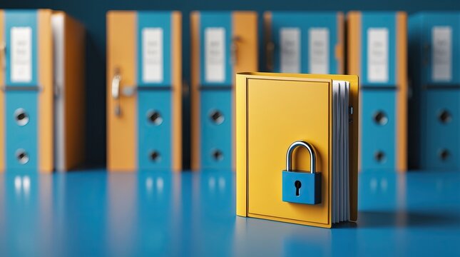 Yellow folder with padlock and document inside, symbolizing data protection against a backdrop of other folders
